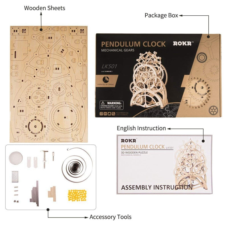 Pendulum Clock - Robotime 4 Kinds DIY Laser Cutting 3D Mechanical Model Wooden Model Building Block Kits Assembly Toy Gift for Children Adult
