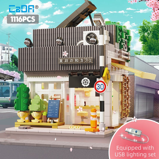 Cada LED Japanese Style Cityscape Building Blocks Set, 1116 Pieces - Summer Restaurant and Coffee House Playset with Lights - Creative Educational Toy for Kids 14+